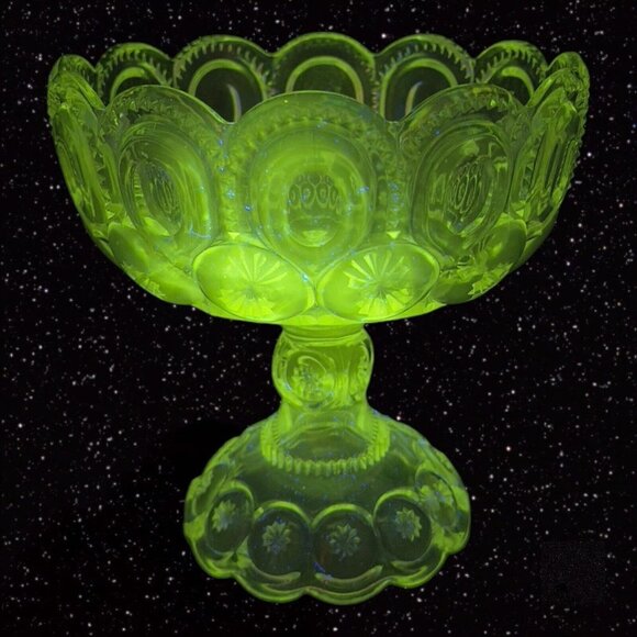 Antique EAPG Adams & Co Palace Moon & Stars Compote Large Clear Manganese 365nm - Picture 9 of 15